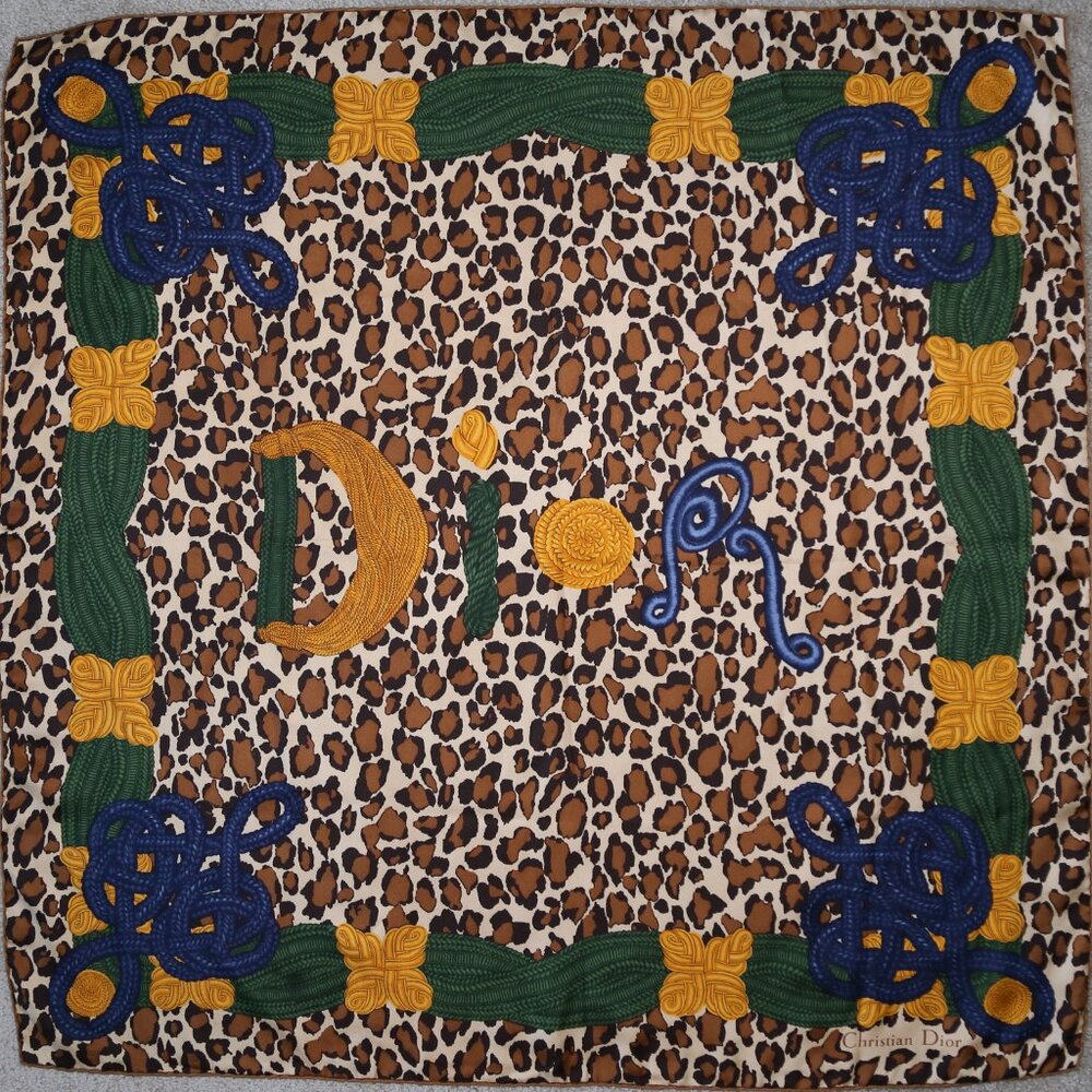 Auth 80s Made in Italy Christian Dior Heavy silk scarf vtg animal leopard print!
